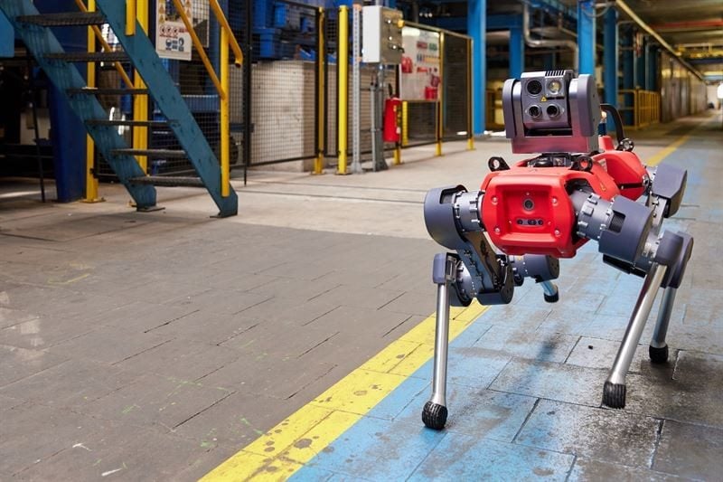 Wheeled-leg robot on a plant floor